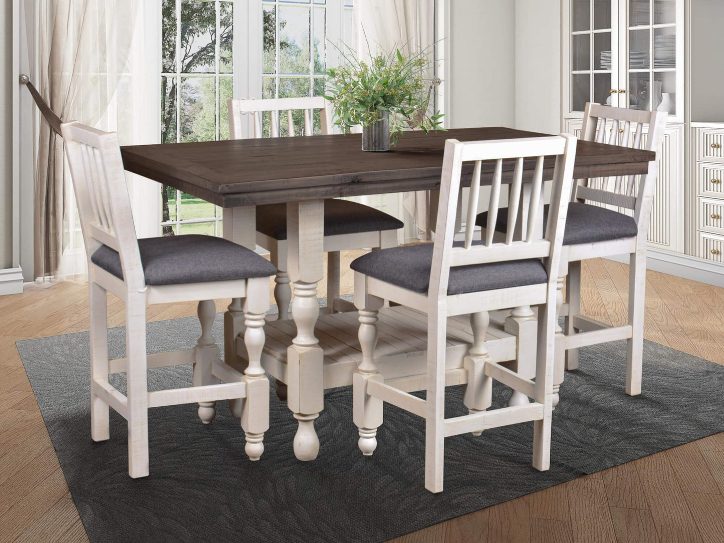 Sunset Trading Rustic French 60" Rectangular Counter Height Dining Table Set | Pub High Top Seating | 4 Stools | Distressed White and Brown Solid Wood | Home Bar Furniture HH-8750-024-5P