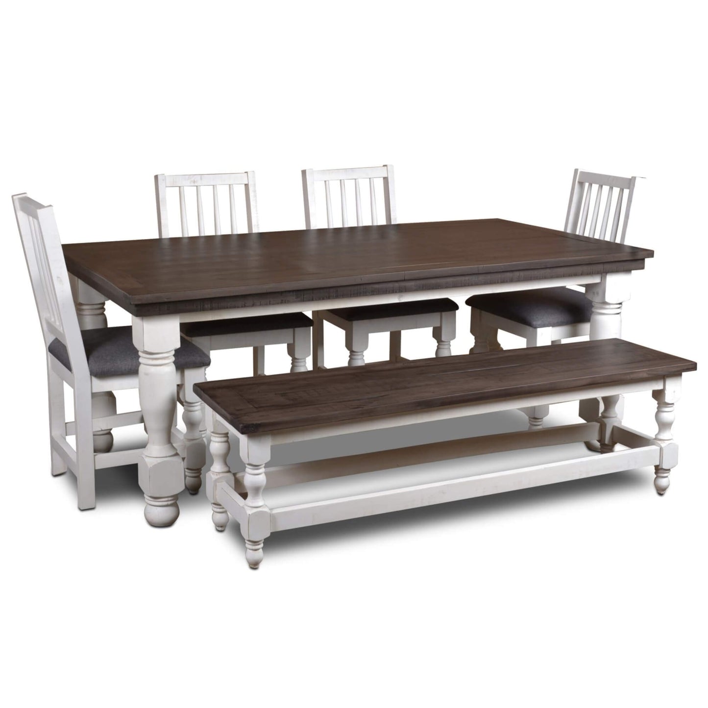 Sunset Trading Rustic French 78" Rectangular Dining Table Set with Bench | 4 Upholstered Chairs | Distressed White and Brown Solid Wood | Kitchen Furniture HH-8750-018-4006P