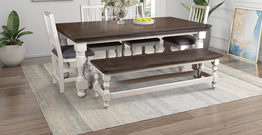 Sunset Trading Rustic French 78" Rectangular Dining Table Set with Bench | 4 Upholstered Chairs | Distressed White and Brown Solid Wood | Kitchen Furniture HH-8750-018-4006P