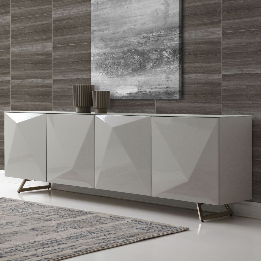 lifestyle grey Samantha Geometric Design Doors High Gloss Tempered Glass Top Buffet, goldstardining.com