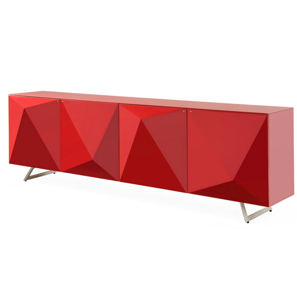 red inclined Samantha Geometric Design Doors High Gloss Tempered Glass Top Buffet, goldstardining.com