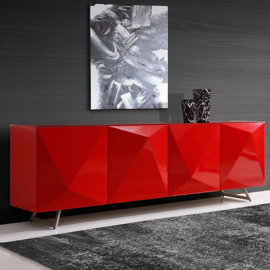 red lifestyle Samantha Geometric Design Doors High Gloss Tempered Glass Top Buffet, goldstardining.com