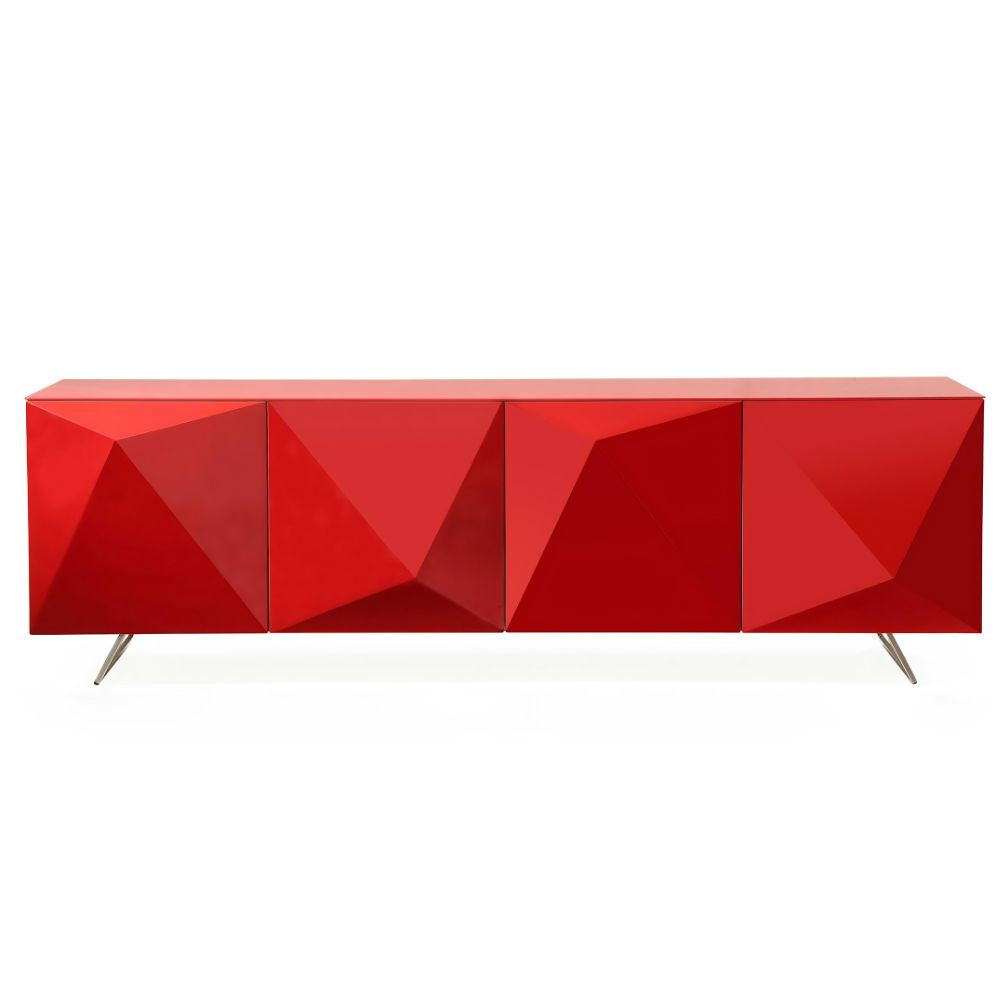 red Samantha Geometric Design Doors High Gloss Tempered Glass Top Buffet, goldstardining.com