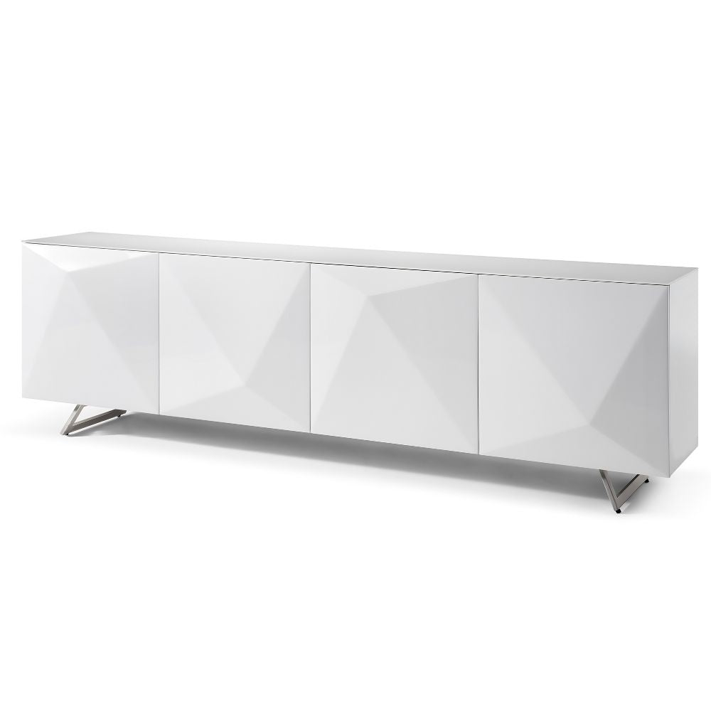 white inclined Samantha Geometric Design Doors High Gloss Tempered Glass Top Buffet, goldstardining.com