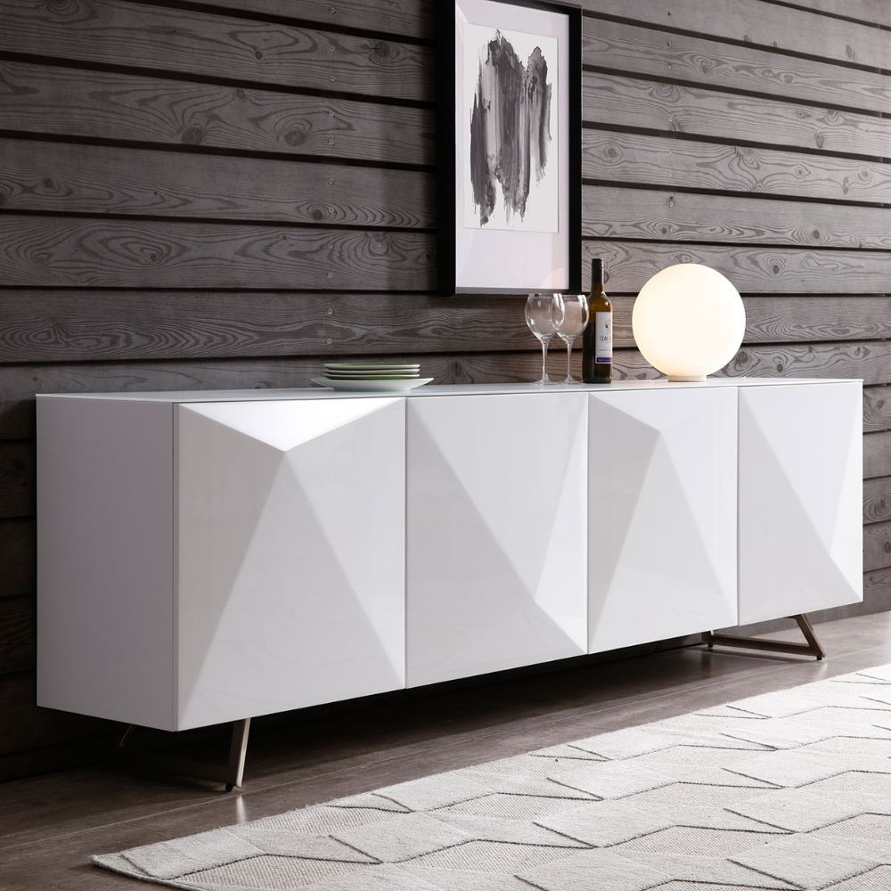 Modern High-Gloss Buffet with Tempered Glass Top & Geometric Doors — Whiteline Samantha