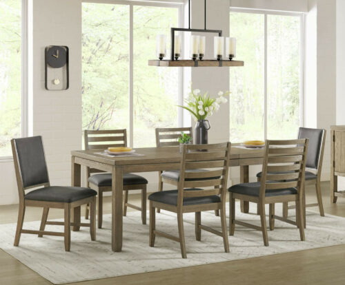 Sunset Trading Saunders 7PC Extendable Dining Table Set | 2 Gray Upholstered Sidechairs | 4 Slat Back Chairs Padded Seats | Brown Acacia Wood ED-D18620TB-2F4S-7P