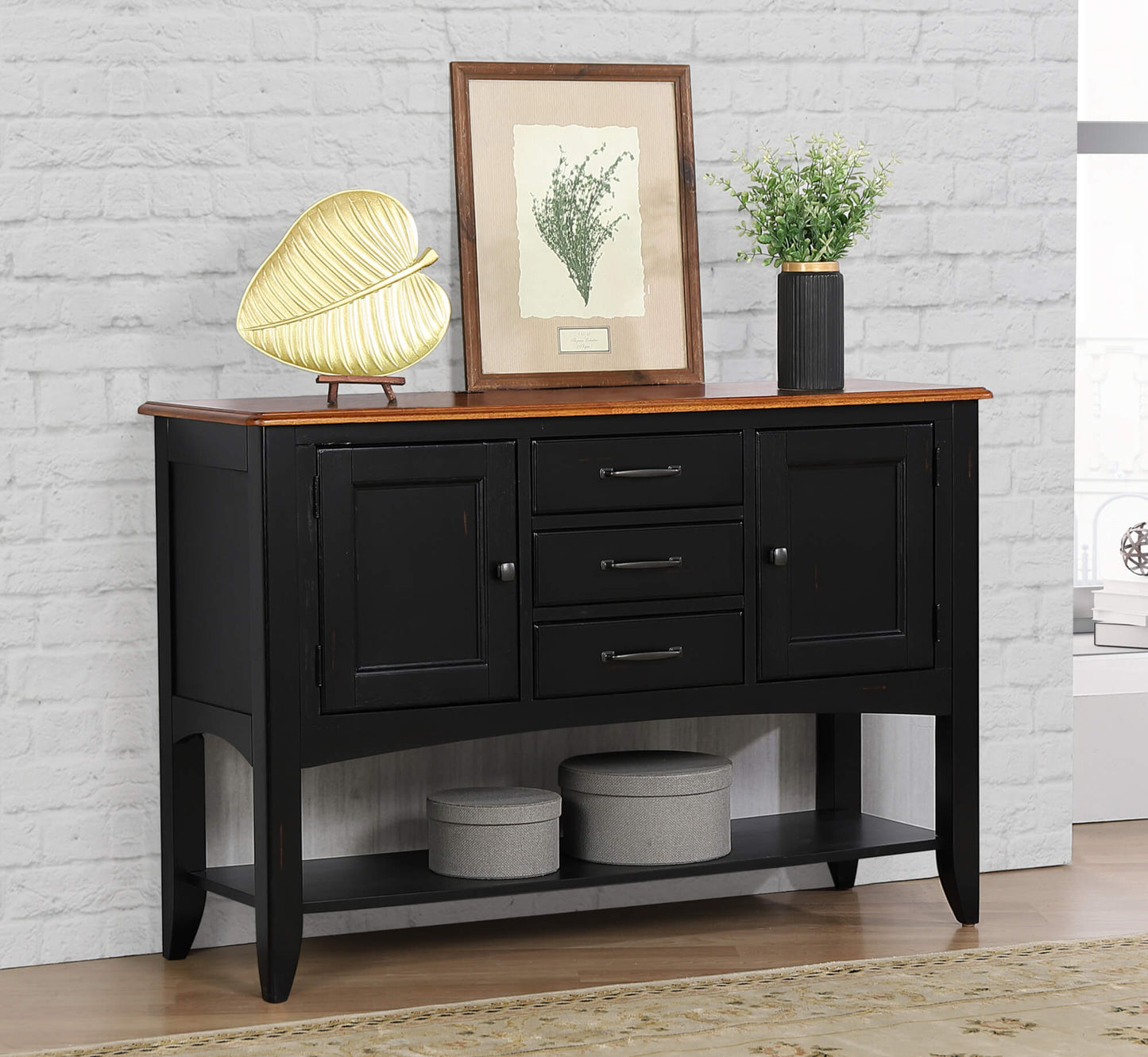 Sunset Trading Selections Sideboard with Large Display Shelf | 3 Drawers 2 Storage Cabinets | Antique Black and Cherry DLU-1122-SB-BCH