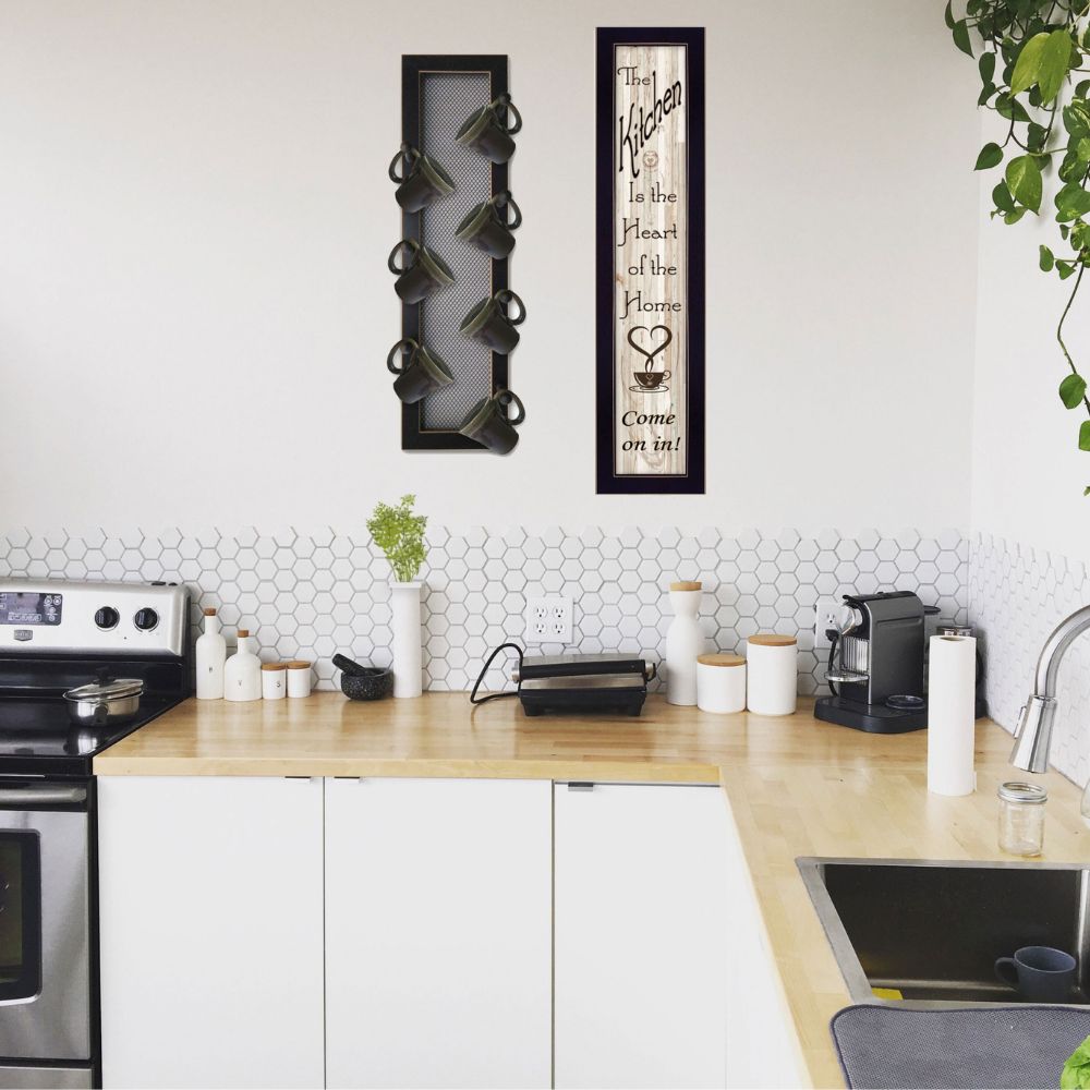 Set Of Two Come On In with Seven Peg Mug Rack 2 Black Framed Print Kitchen Wall Art
