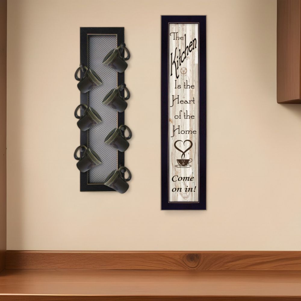 Set Of Two Come On In with Seven Peg Mug Rack 2 Black Framed Print Kitchen Wall Art