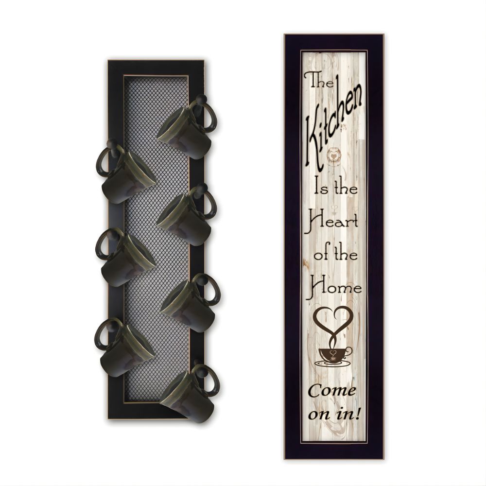 Set Of Two Come On In with Seven Peg Mug Rack 2 Black Framed Print Kitchen Wall Art