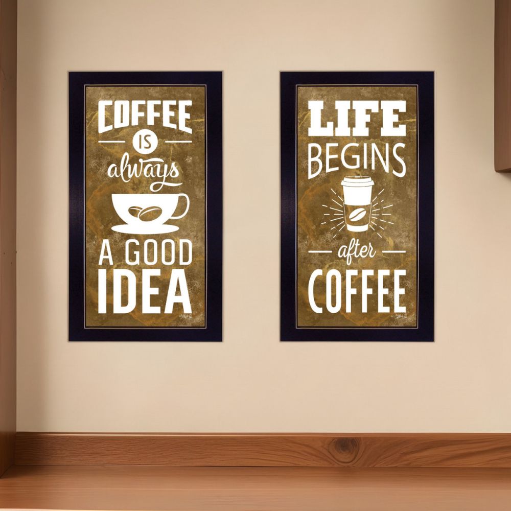 Set Of Two Life Begins and Ends With Coffee Black Framed Print Wall Art