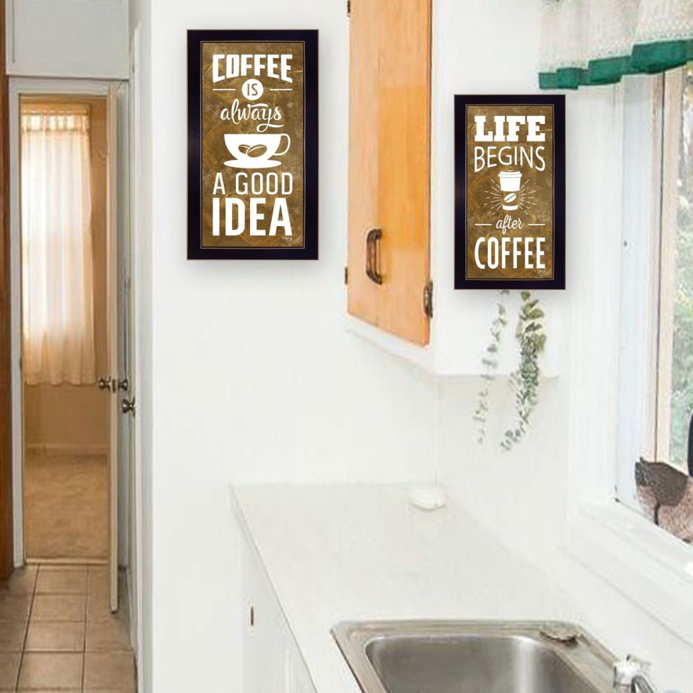 Set Of Two Life Begins and Ends With Coffee Black Framed Print Wall Art