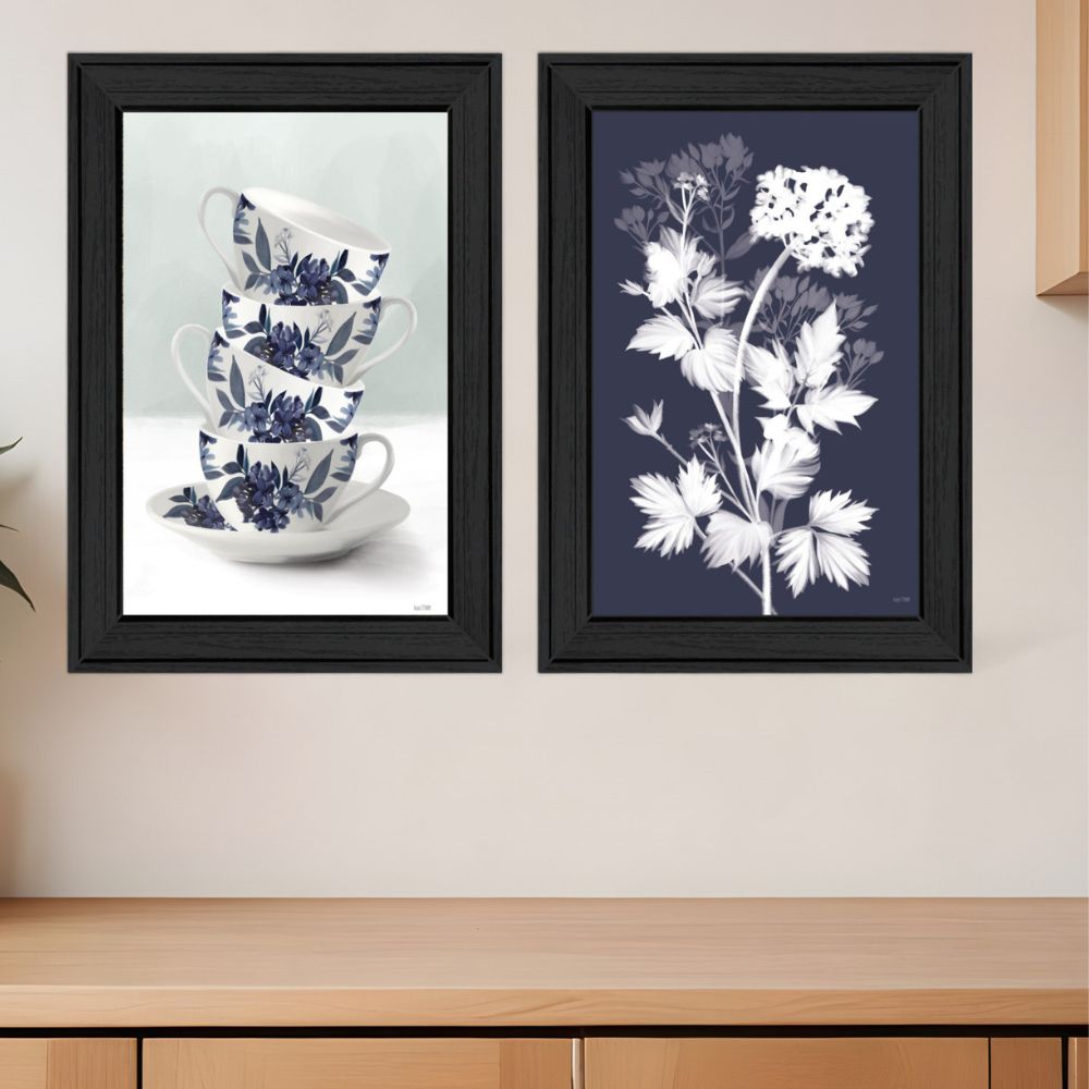 Set of Two Black Framed Tea Towers and Flowers Printed Wall Art