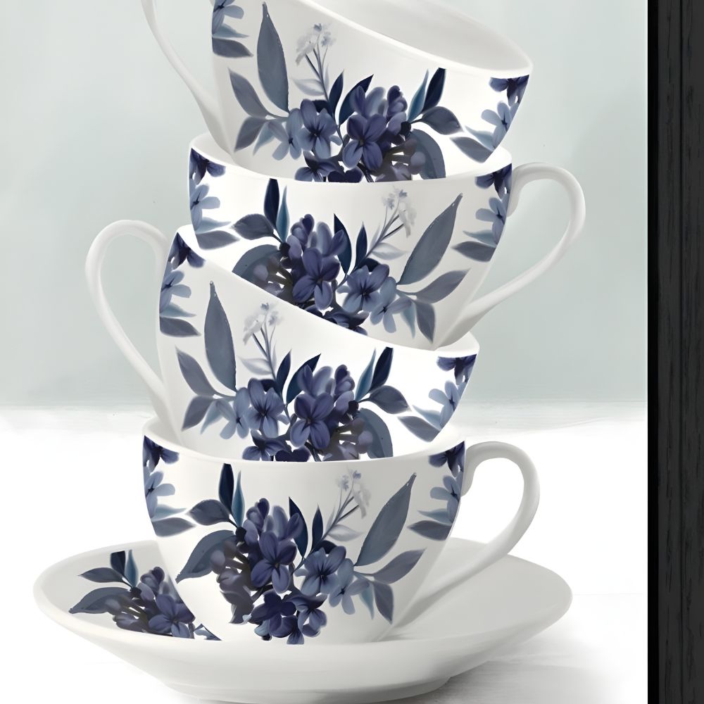 Set of Two Black Framed Tea Towers and Flowers Printed Wall Art