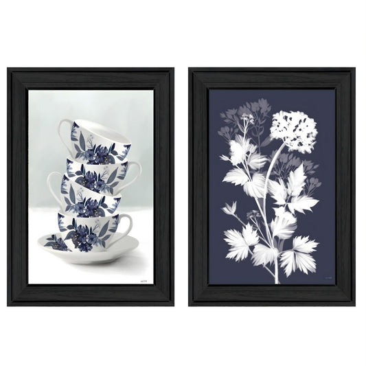 Set of Two Black Framed Tea Towers and Flowers Printed Wall Art