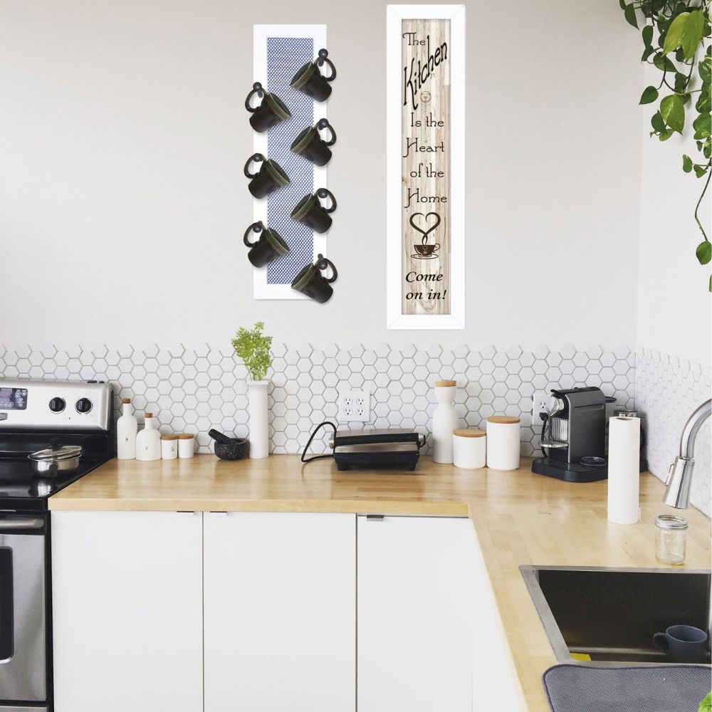 Set Of Two Come On In with Seven Peg Mug Rack 2 Black Framed Print Kitchen Wall Art