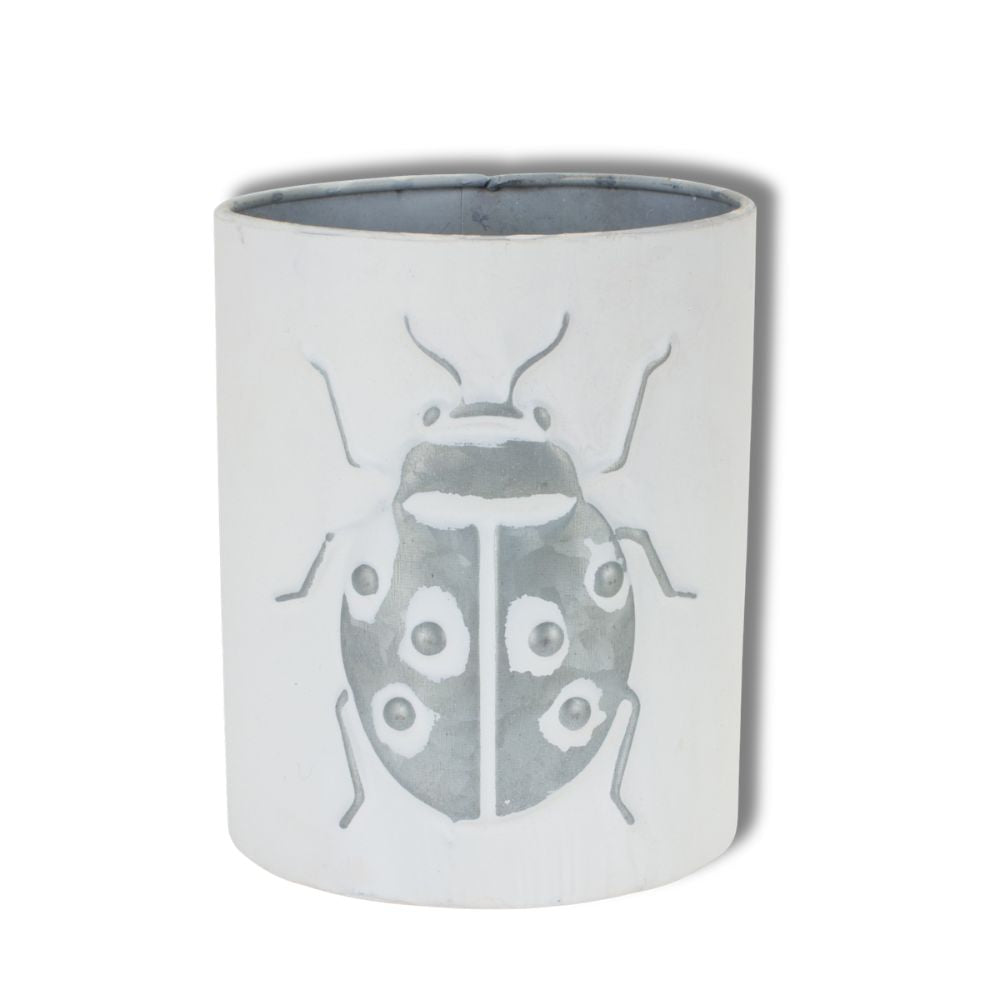 Set of Three White and Gray 9-Ounce Metal Abstract Round Distressed Pot Planters