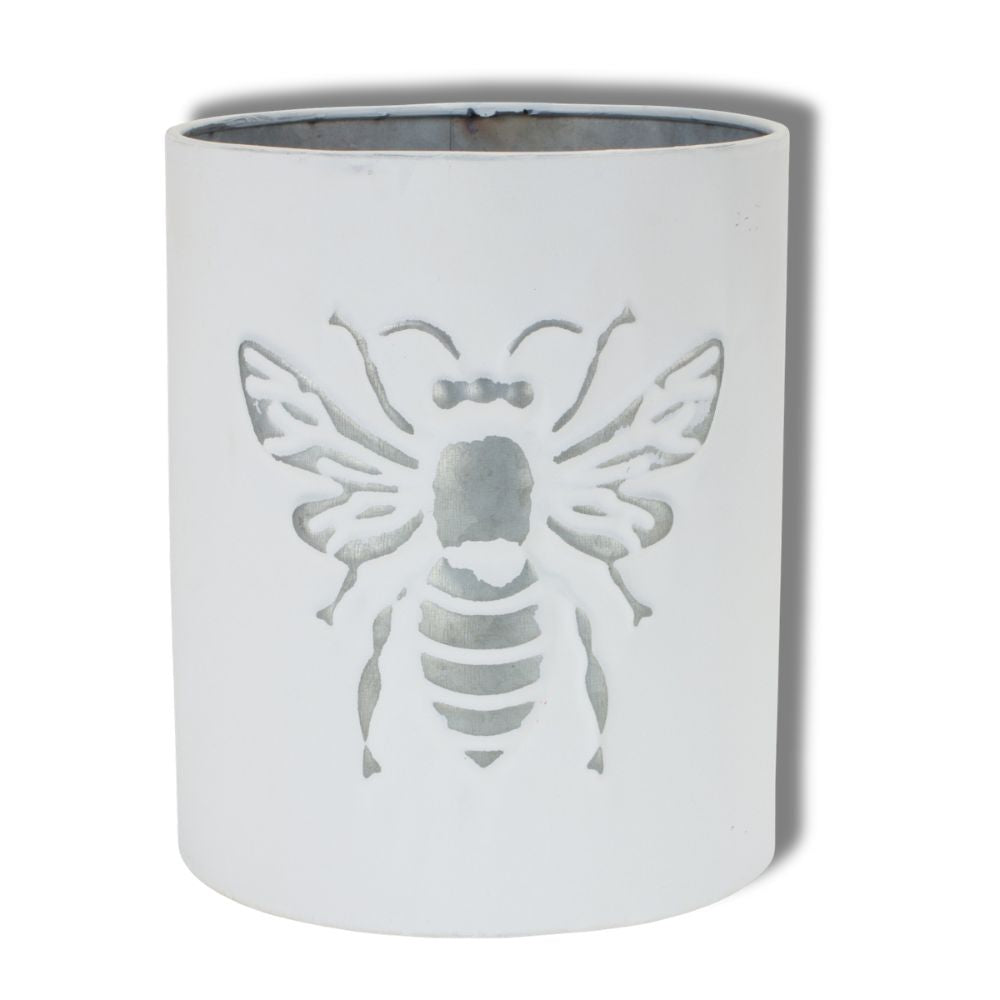 Set of Three White and Gray 9-Ounce Metal Abstract Round Distressed Pot Planters