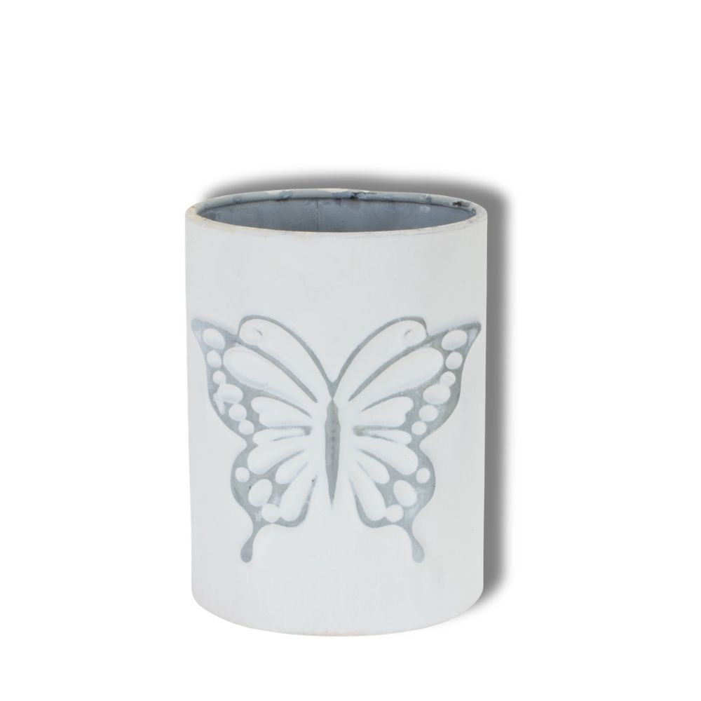 Set of Three White and Gray 9-Ounce Metal Abstract Round Distressed Pot Planters