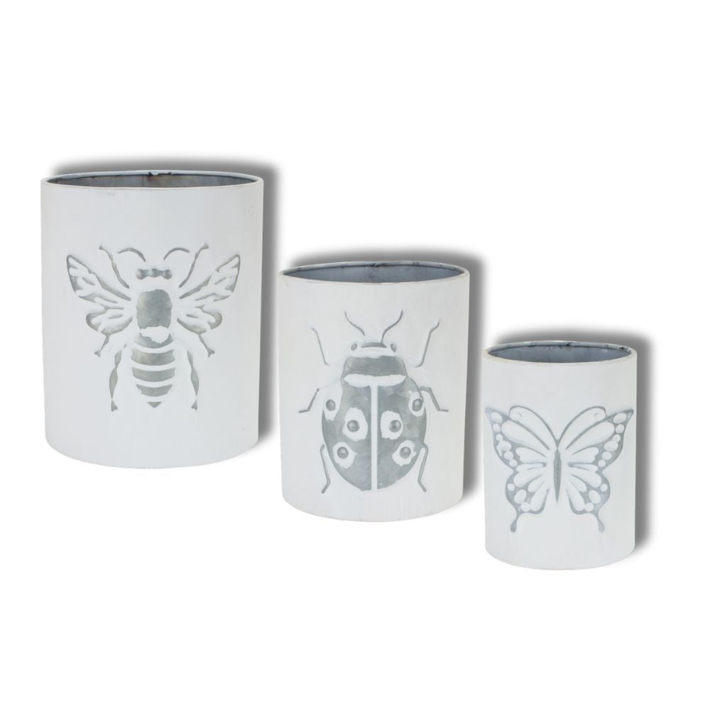 Set of Three White and Gray 9-Ounce Metal Abstract Round Distressed Pot Planters