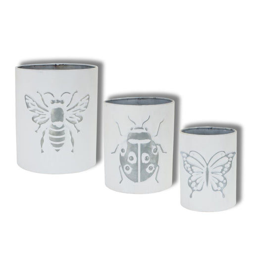 Set of Three White and Gray 9-Ounce Metal Abstract Round Distressed Pot Planters