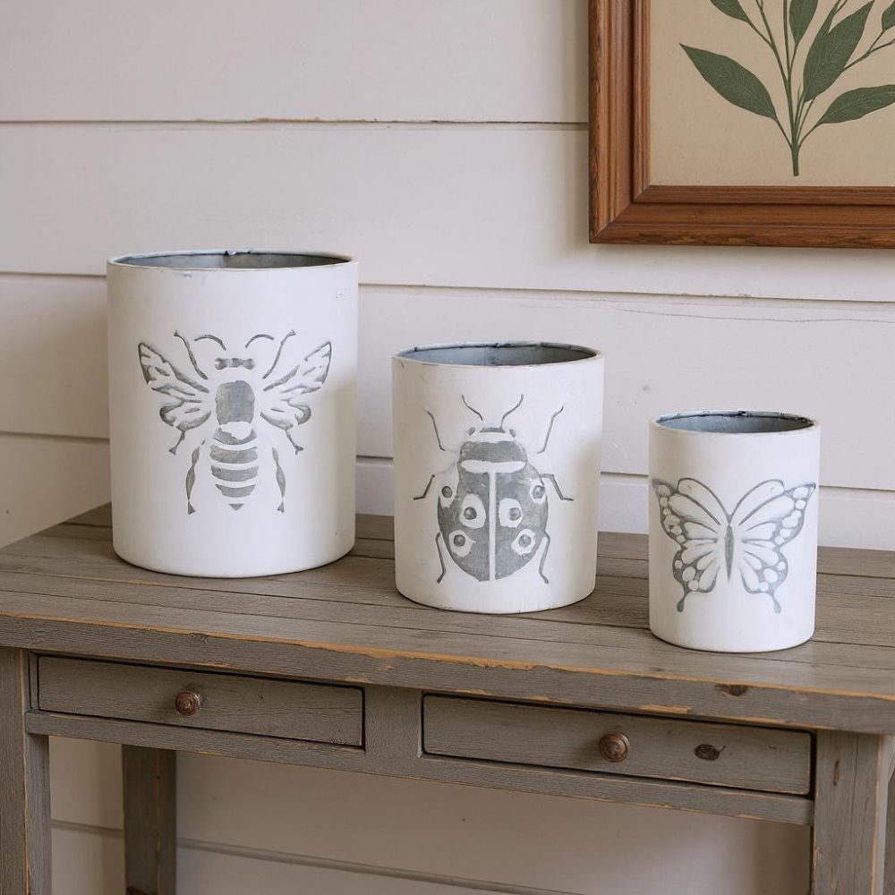 Set of Three White and Gray 9-Ounce Metal Abstract Round Distressed Pot Planters