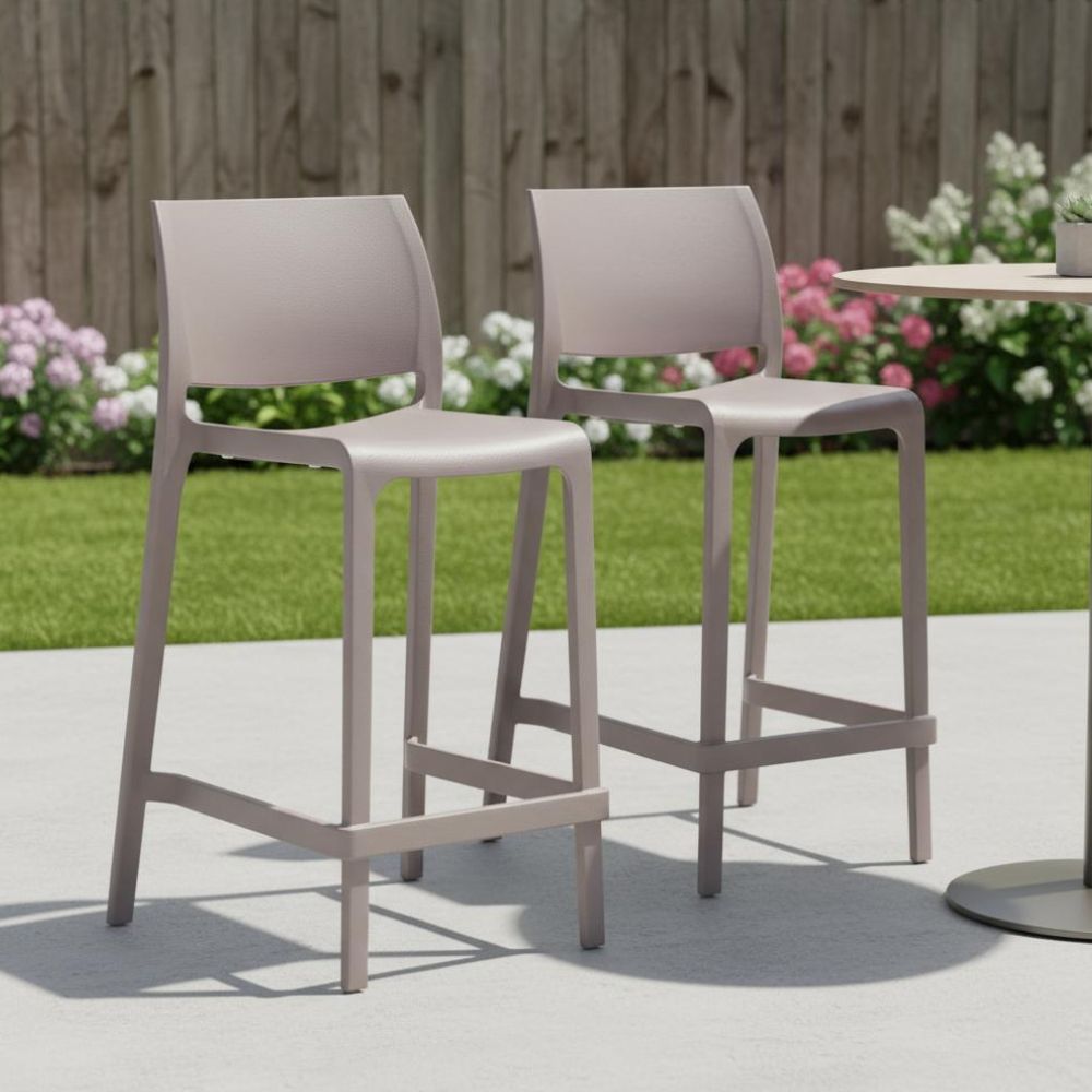 Set of Two 26" Taupe Heavy Duty Plastic Low Back Outdoor Counter Height Bar Chairs