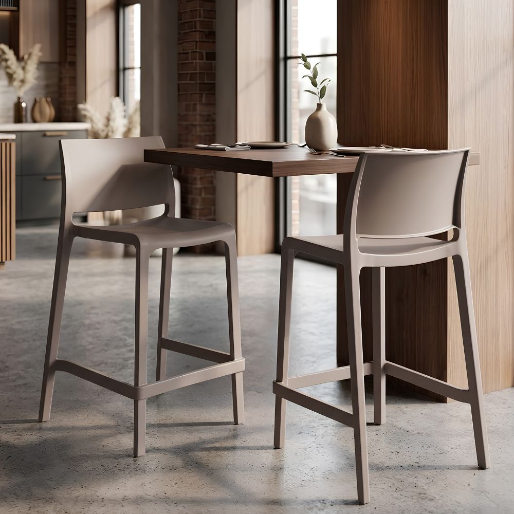 SetofTwo26_TaupeHeavyDutyPlasticLowBackOutdoorCounterHeightBarChairs-lifestyle,goldstardining.com