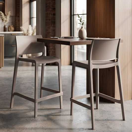 SetofTwo26_TaupeHeavyDutyPlasticLowBackOutdoorCounterHeightBarChairs-lifestyle,goldstardining.com