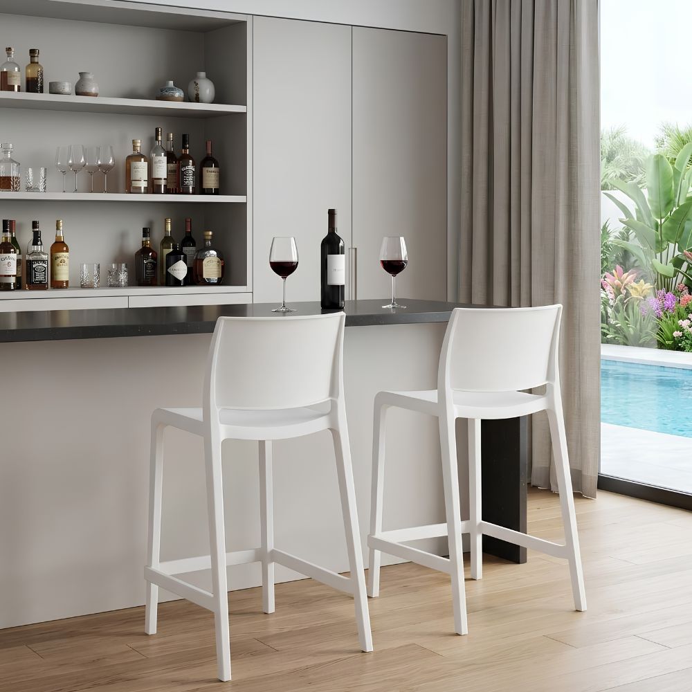 Set of Two 26" White Heavy Duty Plastic Low Back Outdoor Counter Height Bar Chairs