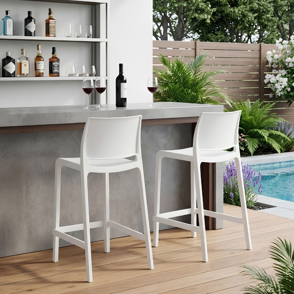 SetofTwo26_WhiteHeavyDutyPlasticLowBackOutdoorCounterHeightBarChairs-lifestyle,goldstardining.com