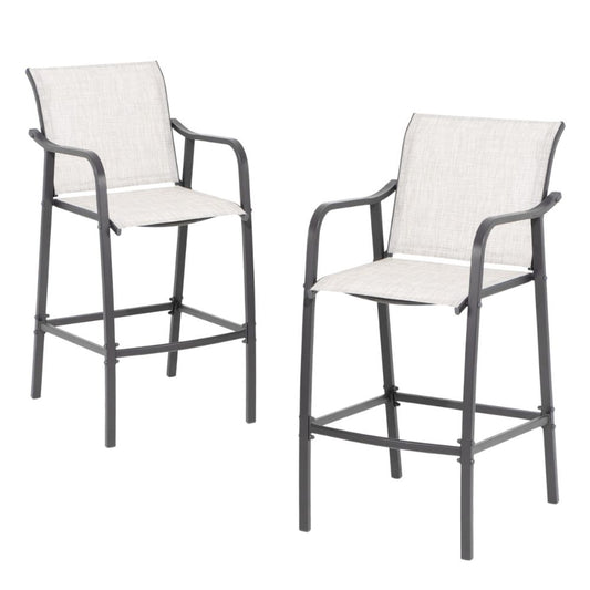 Set of Two 28" Gray Steel Outdoor Bar Height Chairs with Footrest