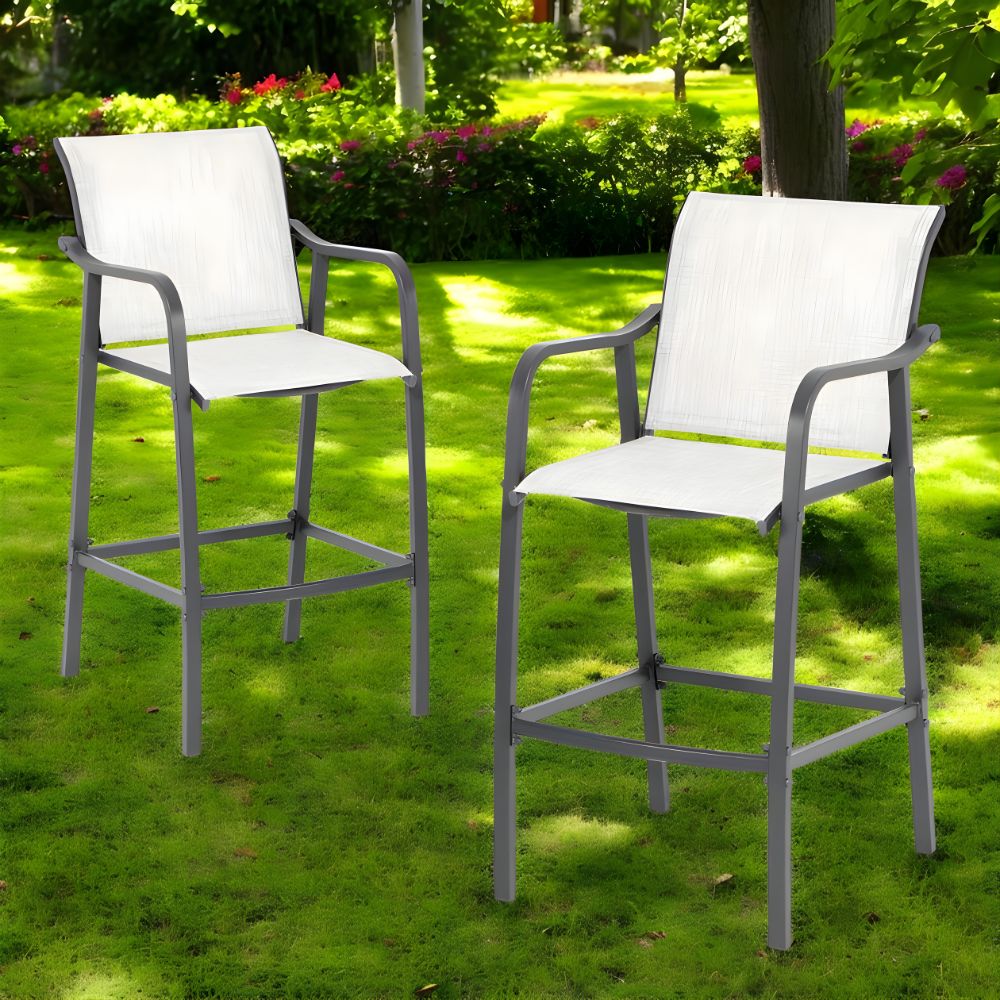 Set of Two 28" Gray Steel Outdoor Bar Height Chairs with Footrest