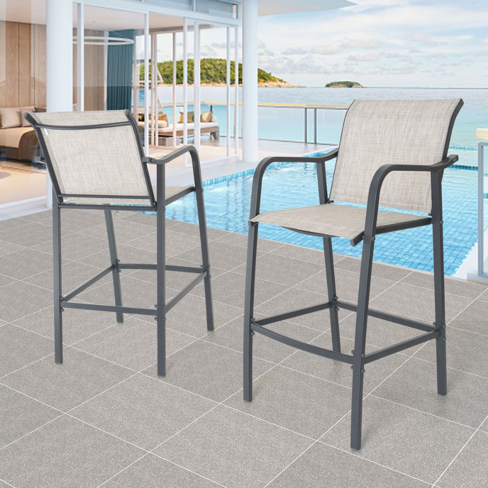 Set of Two 28" Gray Steel Outdoor Bar Height Chairs with Footrest