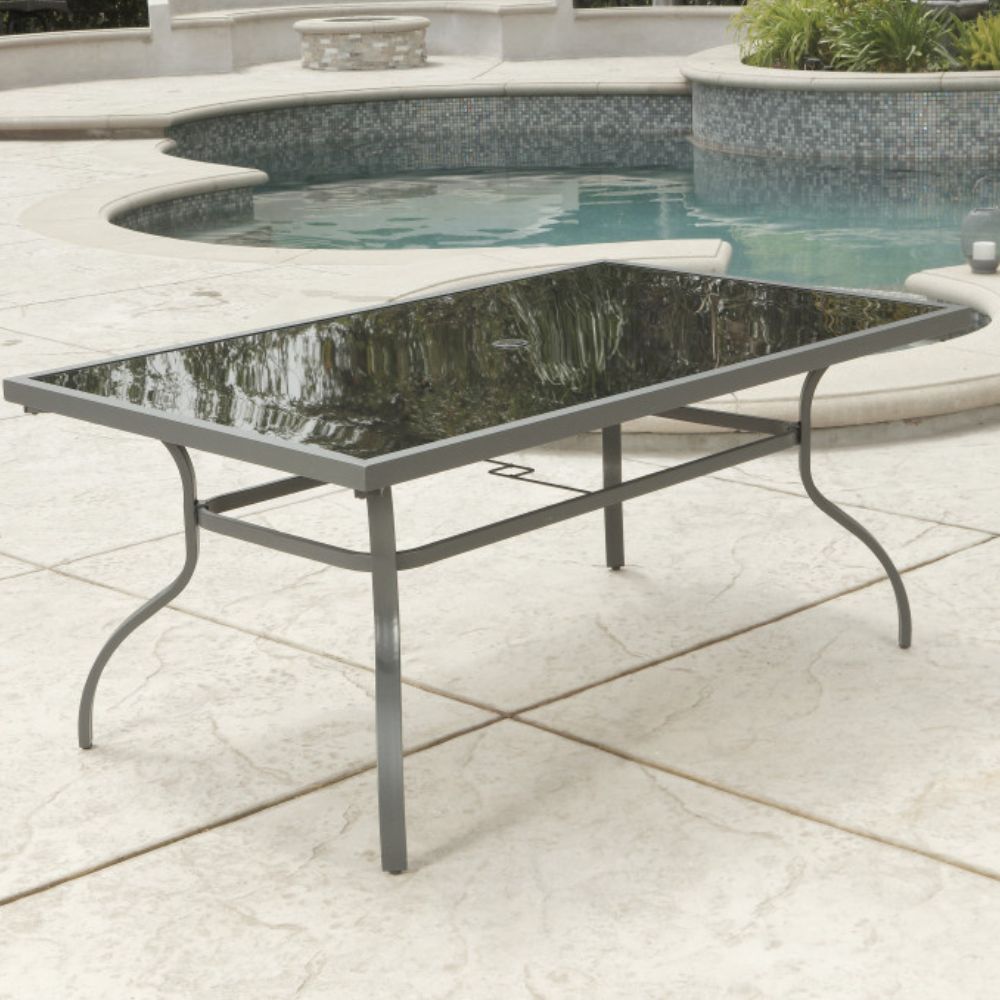 Seven Piece Black and Gray Rectangular Glass Dining Set with Six Chairs