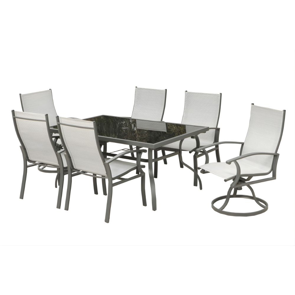 Seven Piece Black and Gray Rectangular Glass Dining Set with Six Chairs