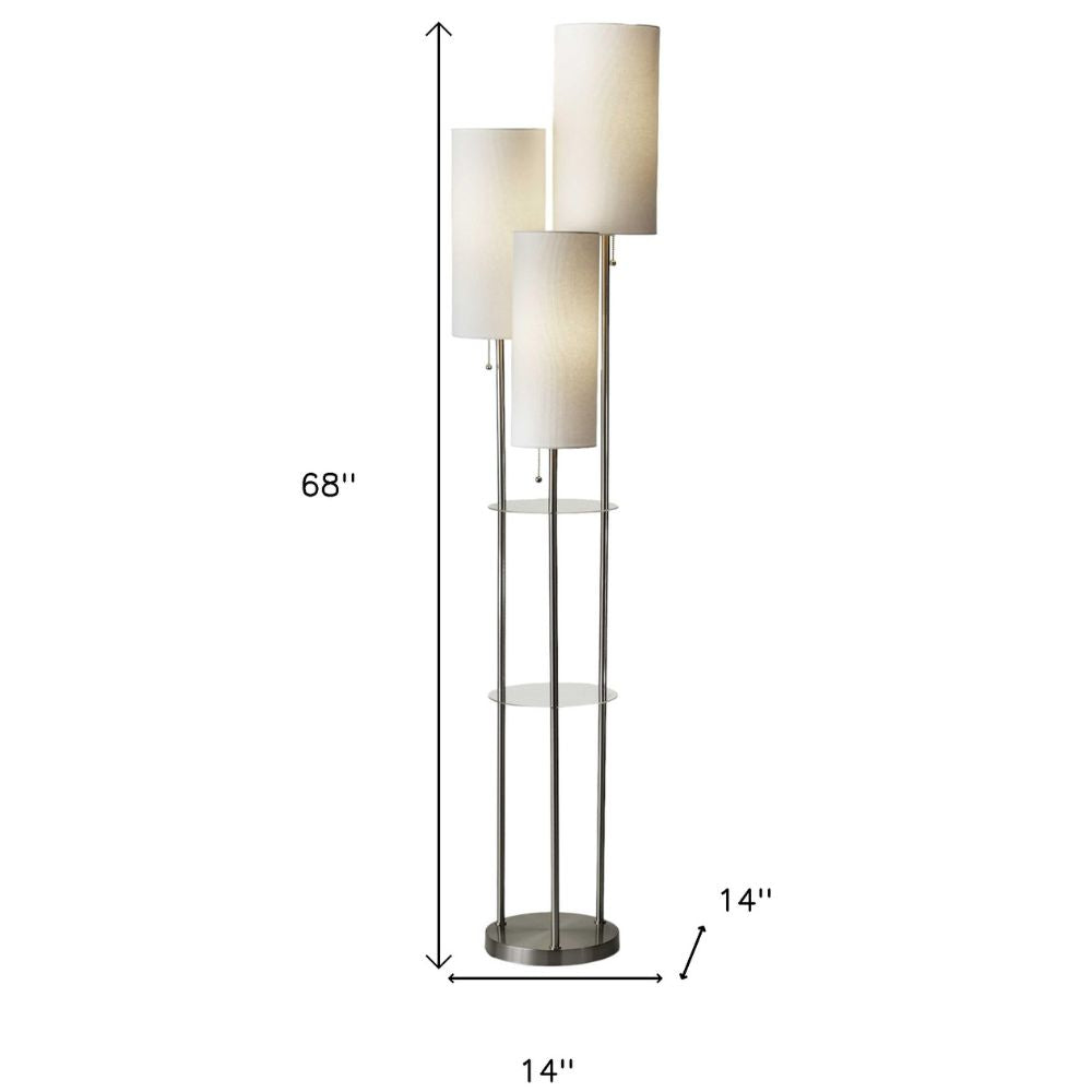 68" Silver Three Light Novelty Floor Lamp With White Linen Cylinder Shade
