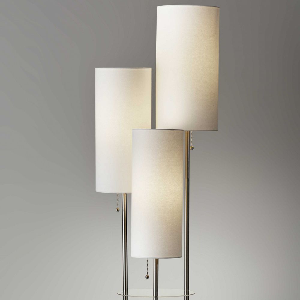 68" Silver Three Light Novelty Floor Lamp With White Linen Cylinder Shade