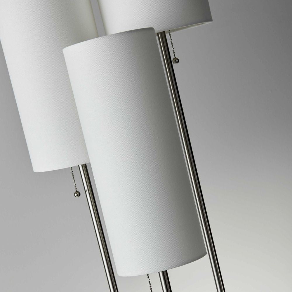 68" Silver Three Light Novelty Floor Lamp With White Linen Cylinder Shade