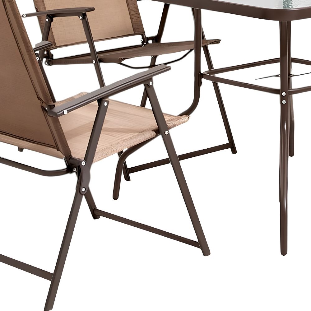 Six Piece Clear and Brown Square Glass Outdoor Dining Set with Four Chairs