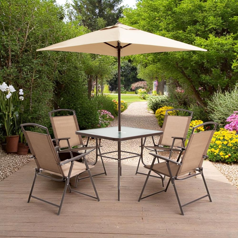 Six Piece Clear and Brown Square Glass Outdoor Dining Set with Four Chairs