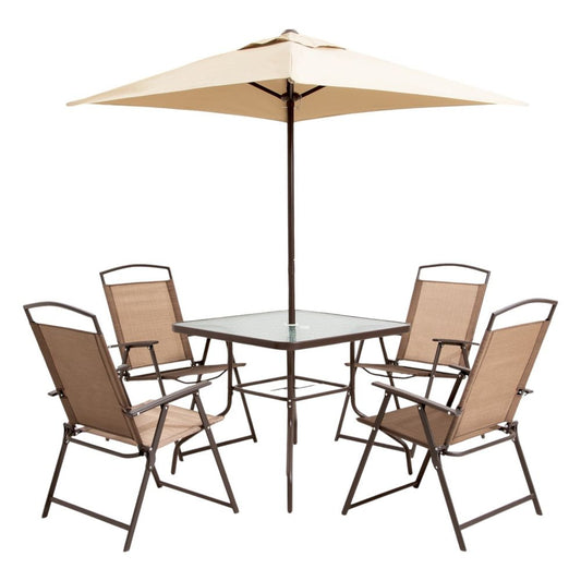 Six Piece Clear and Brown Square Glass Outdoor Dining Set with Four Chairs