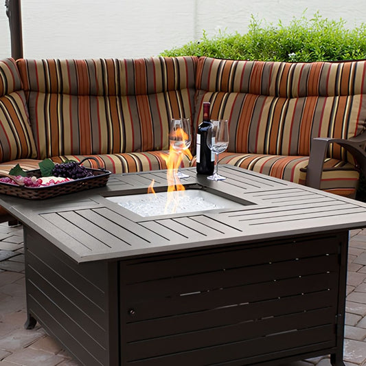 SquareSlattedAluminumFirepitInBronze-lifestyle2,goldstardining.com