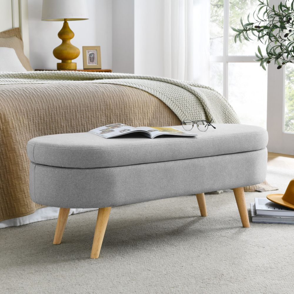 44" Gray and Brown Linen Upholstered Storage Bench with Flip Top