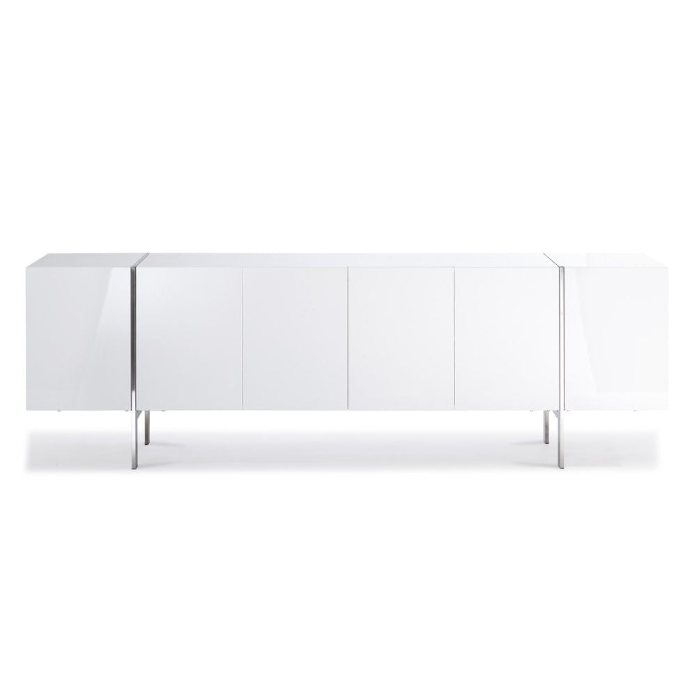 Struttura High-Gloss Adjustable Shelves Polished Steel Legs White Buffet, goldstardining.com
