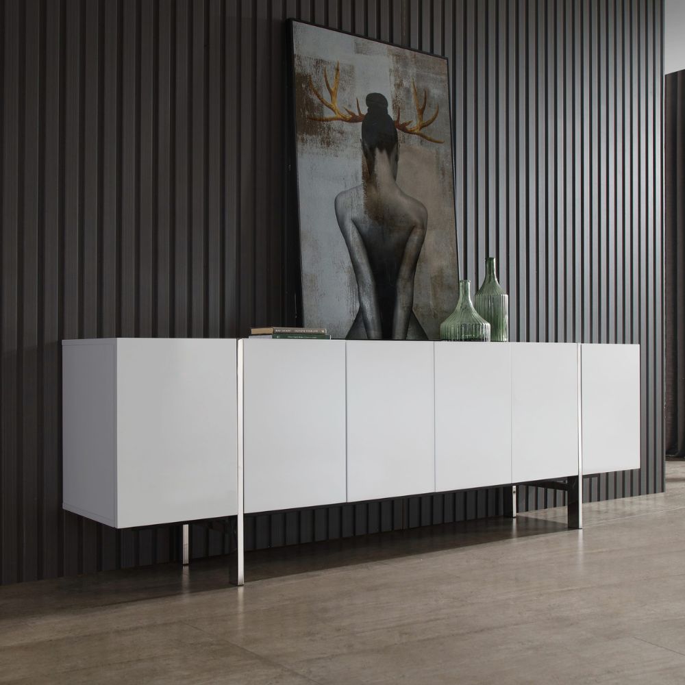 lifestyle Struttura High-Gloss Adjustable Shelves Polished Steel Legs White Buffet, goldstardining.com