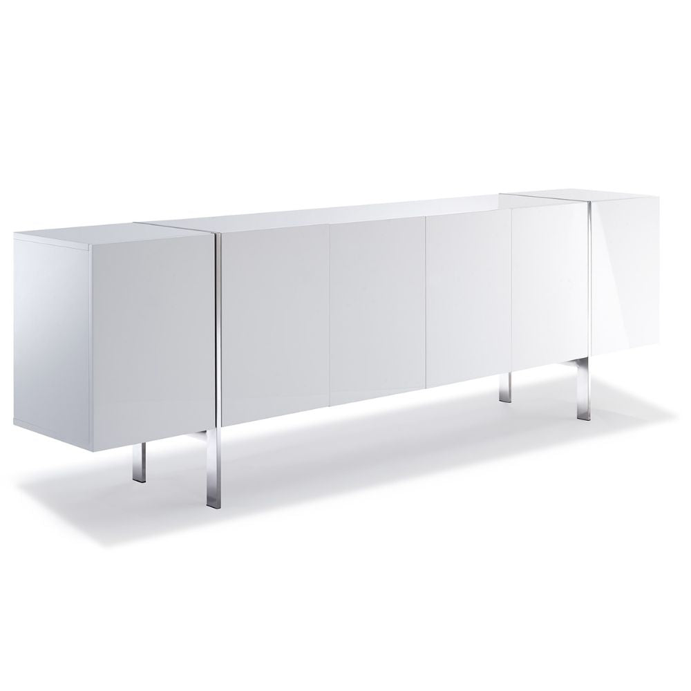 Struttura High-Gloss Adjustable Shelves Polished Steel Legs White Buffet, goldstardining.com