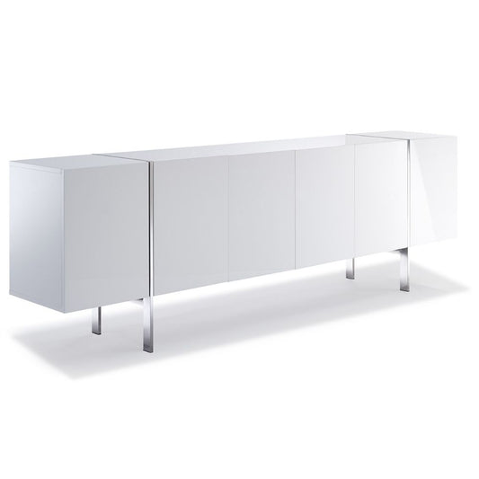 Struttura High-Gloss Adjustable Shelves Polished Steel Legs White Buffet, goldstardining.com