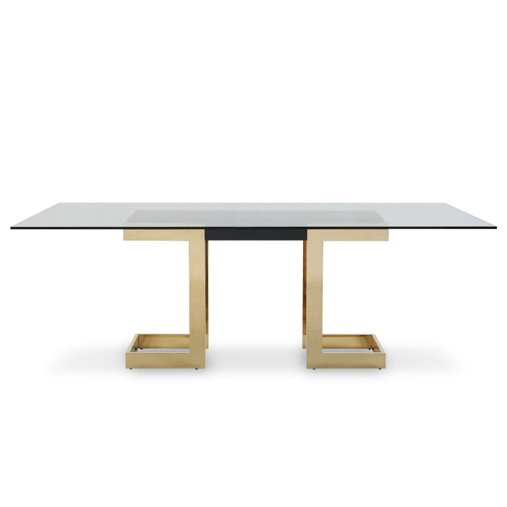 front Sumo Glass-Tempered Polished Gold Stainless Steel Base 87" Rectangle Dining Table, goldstardining.com
