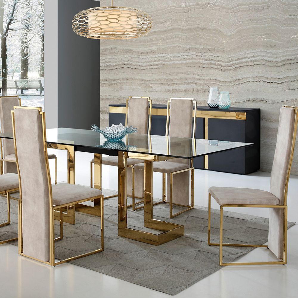 lifestyle Sumo Glass-Tempered Polished Gold Stainless Steel Base 87" Rectangle Dining Table, goldstardining.com
